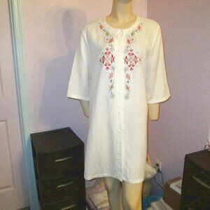 ANCORA Embroidered LINEN Blend Size L XL TUNIC Blouse Top BEADED Button Up VTG